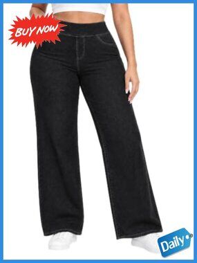 Plus Size Wide Leg Pull On Jeans Stretchy High Rise Tummy Control